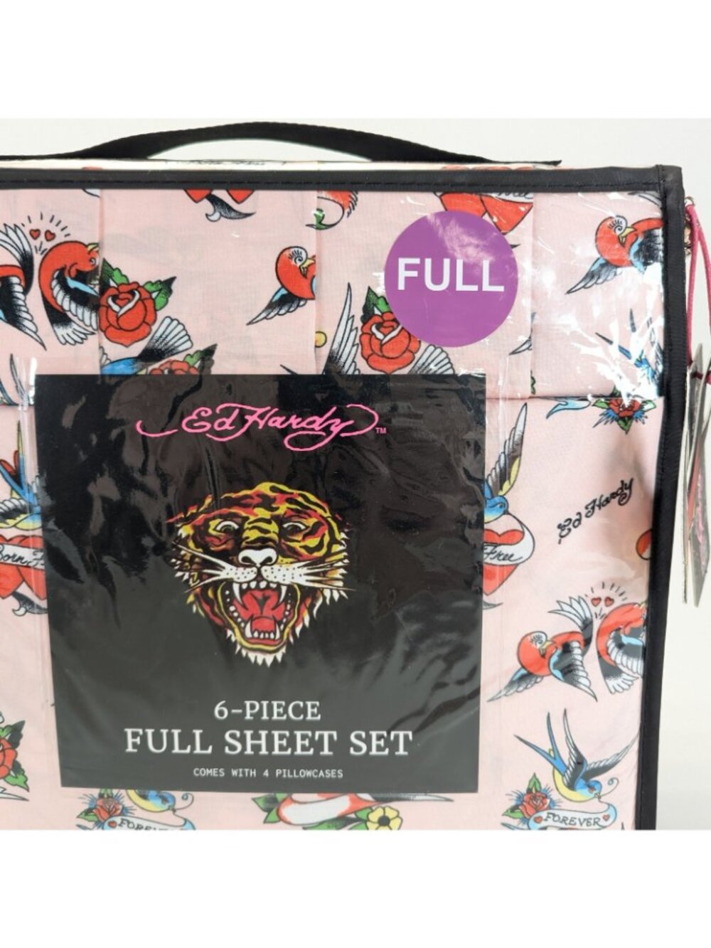 Ed Hardy Full Sheet Set 6-Piece w 4 Pillowcases Pink Bird Rose Tattoo Sheets - Picture 2 of 6